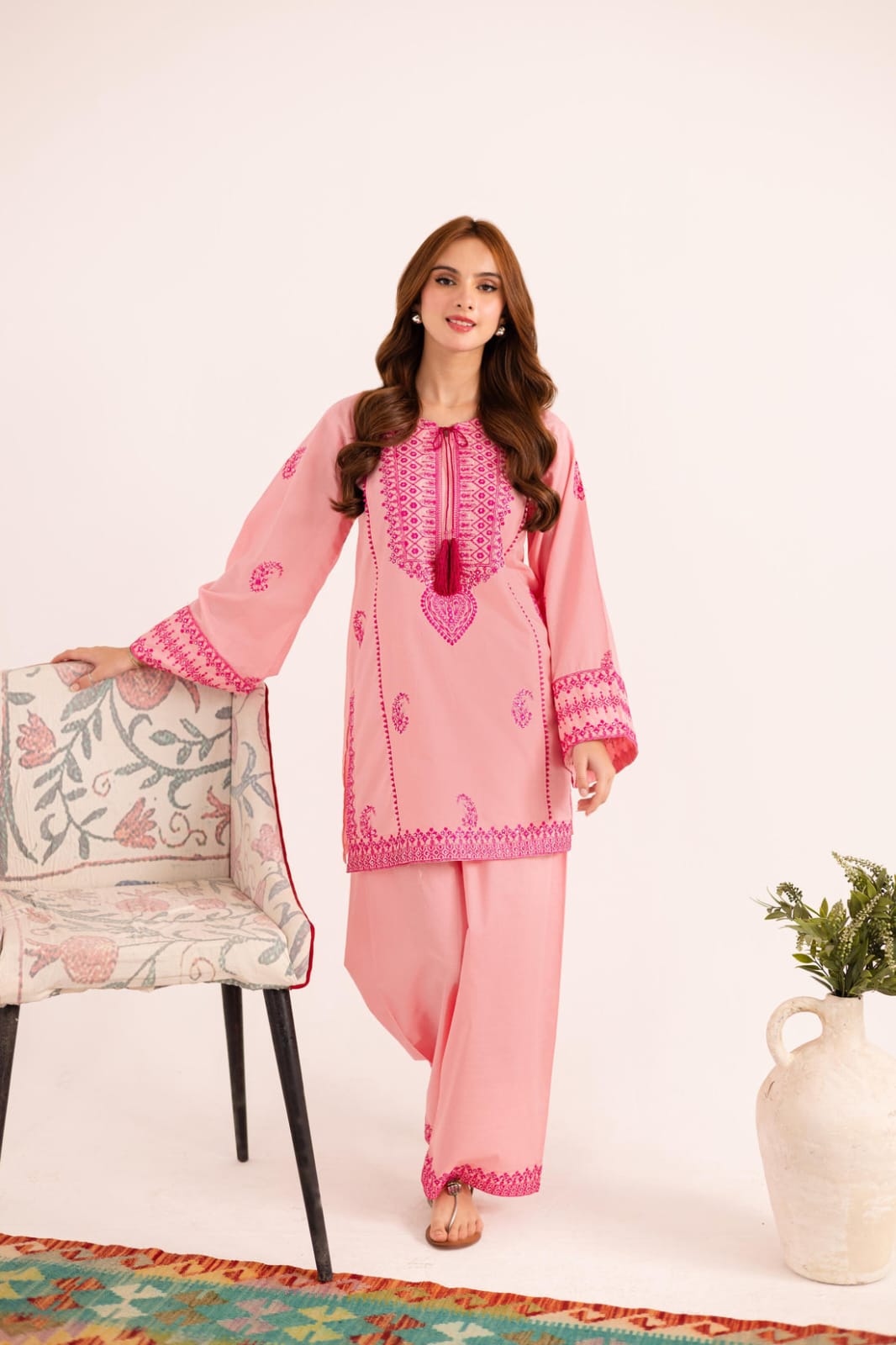 Jugun-Pink Embroidered co-ord royal lifestyle collections
